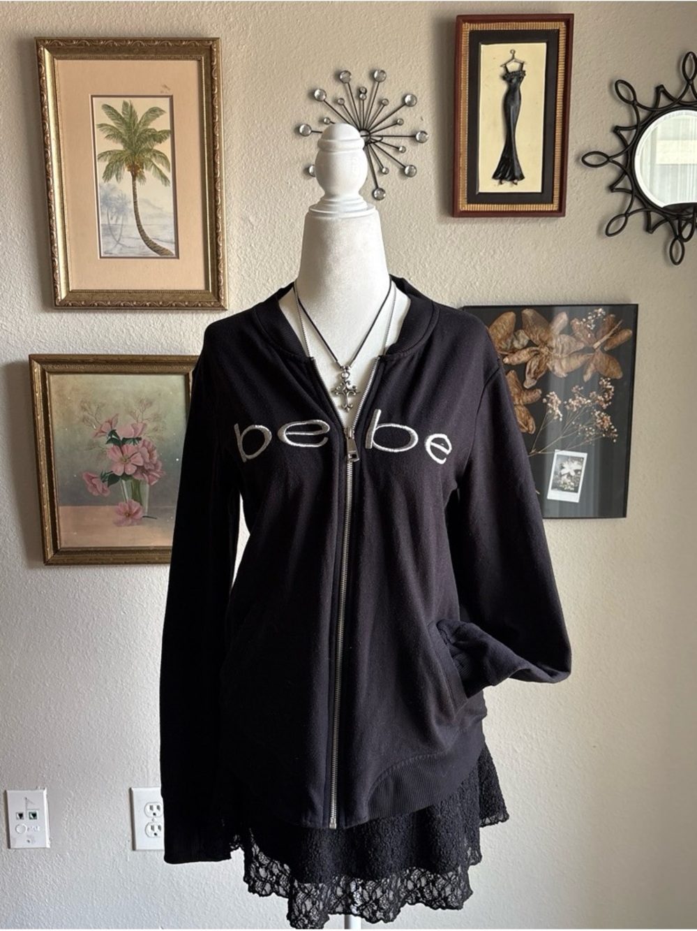 bebe Black Zip-Up Crewneck Sweatshirt